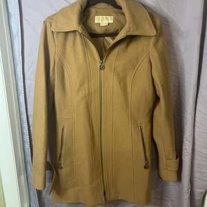 Michael Kors Women's Hooded-Stand Collar Zip-Front Coat Camel Brown Large NWT